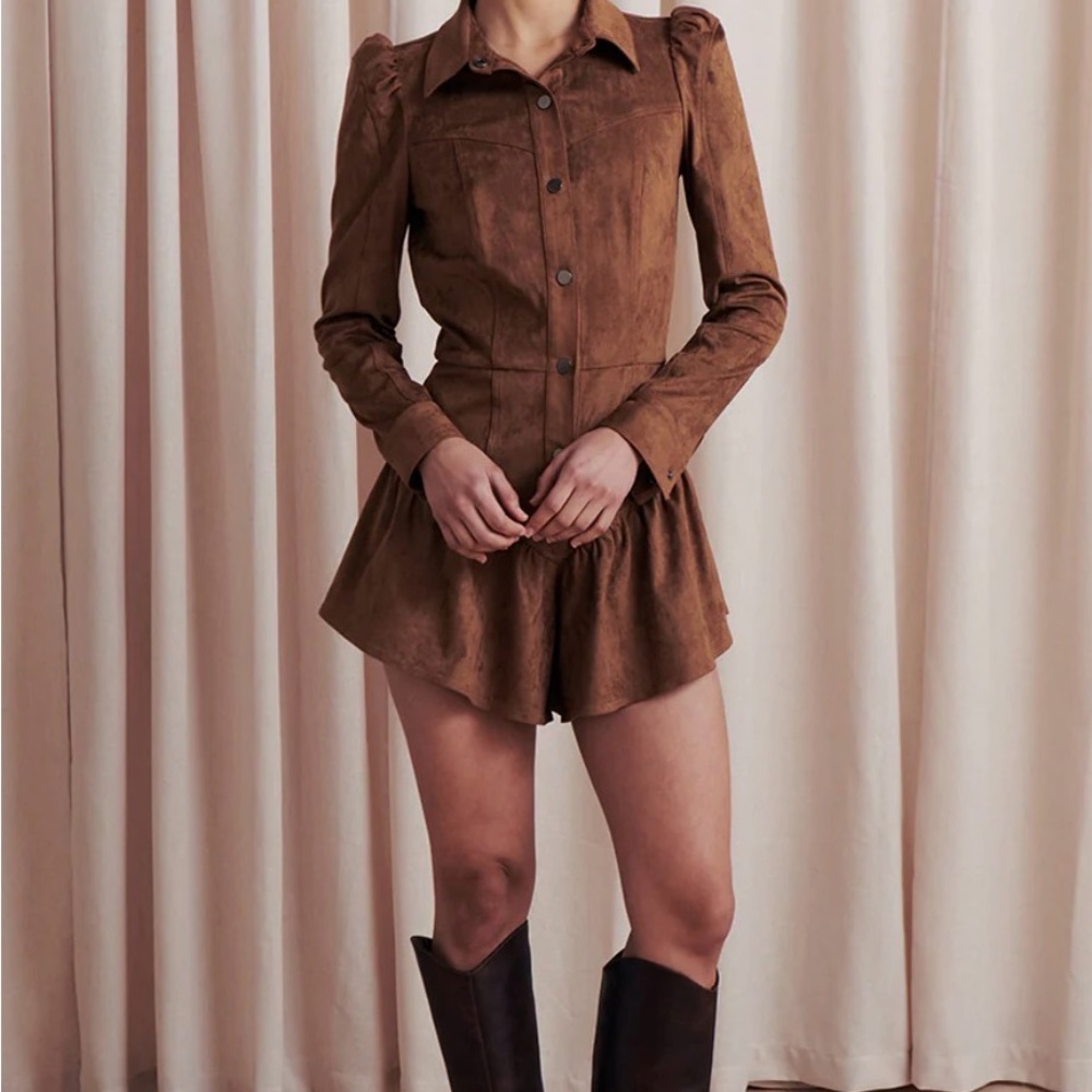 Saylor Brown Suede Romper with Long Sleeves